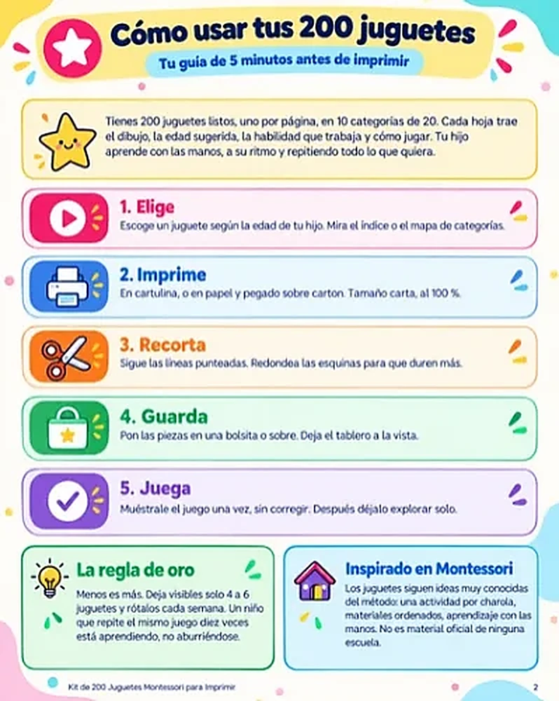 Página real del PDF: cómo usar tus 200 juguetes, guía de 5 pasos
